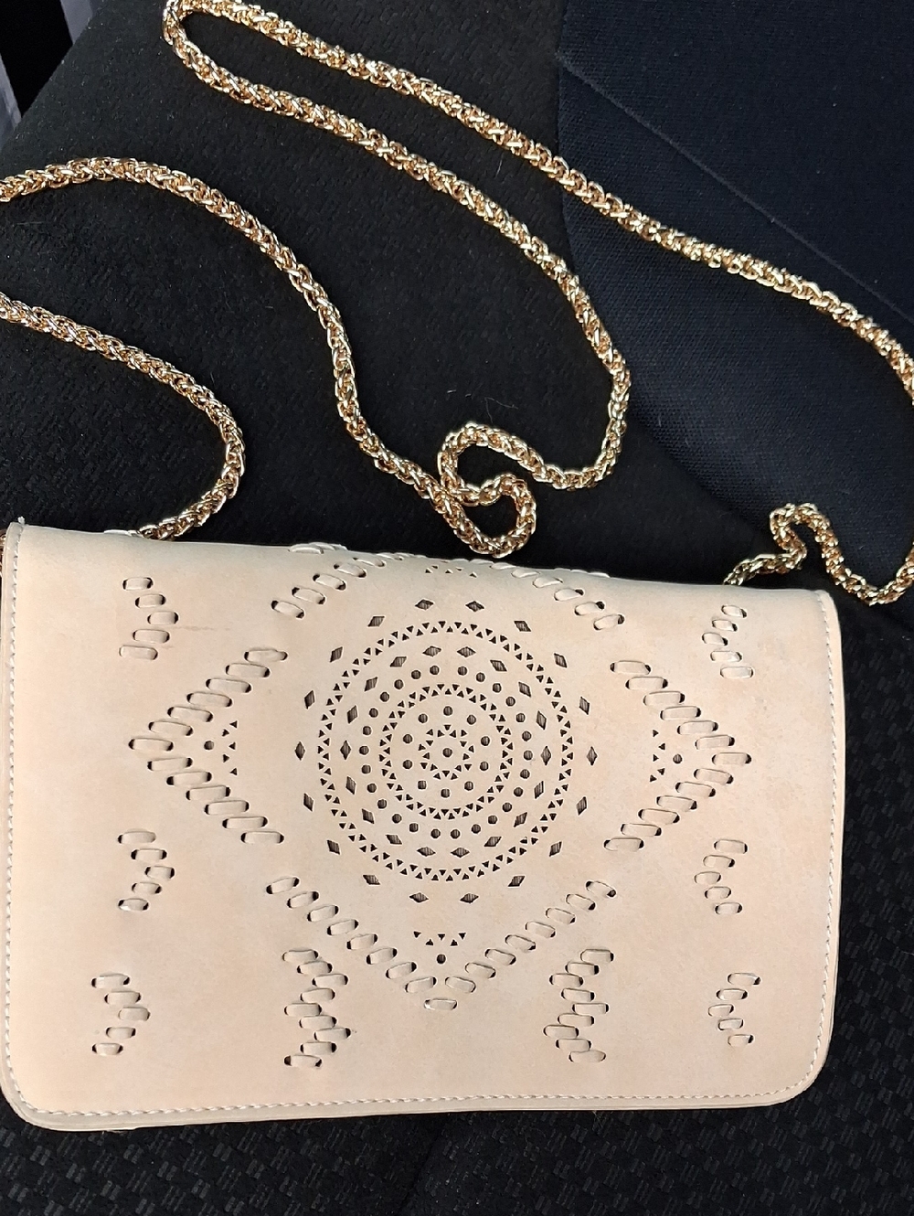 Street Level Beige Laser-Cut Crossbody With Gold Chain